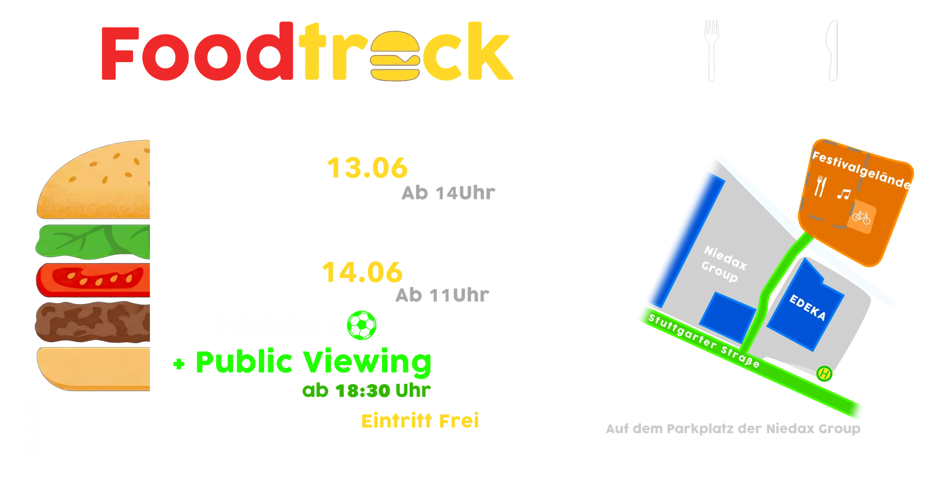 Foodtruck Festival Kirchheim Flyer mit Programm: DJ Jägi, Band Teckbrass und WM Public Viewing